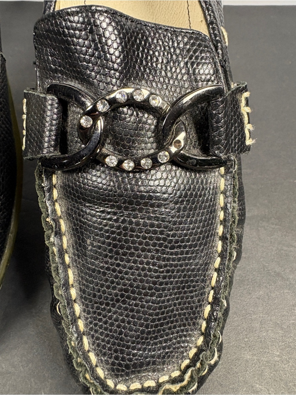asgi Black Lizard Embossed Leather Driving Loafers with Silver Rhinestone Detail - Picture 6 of 9